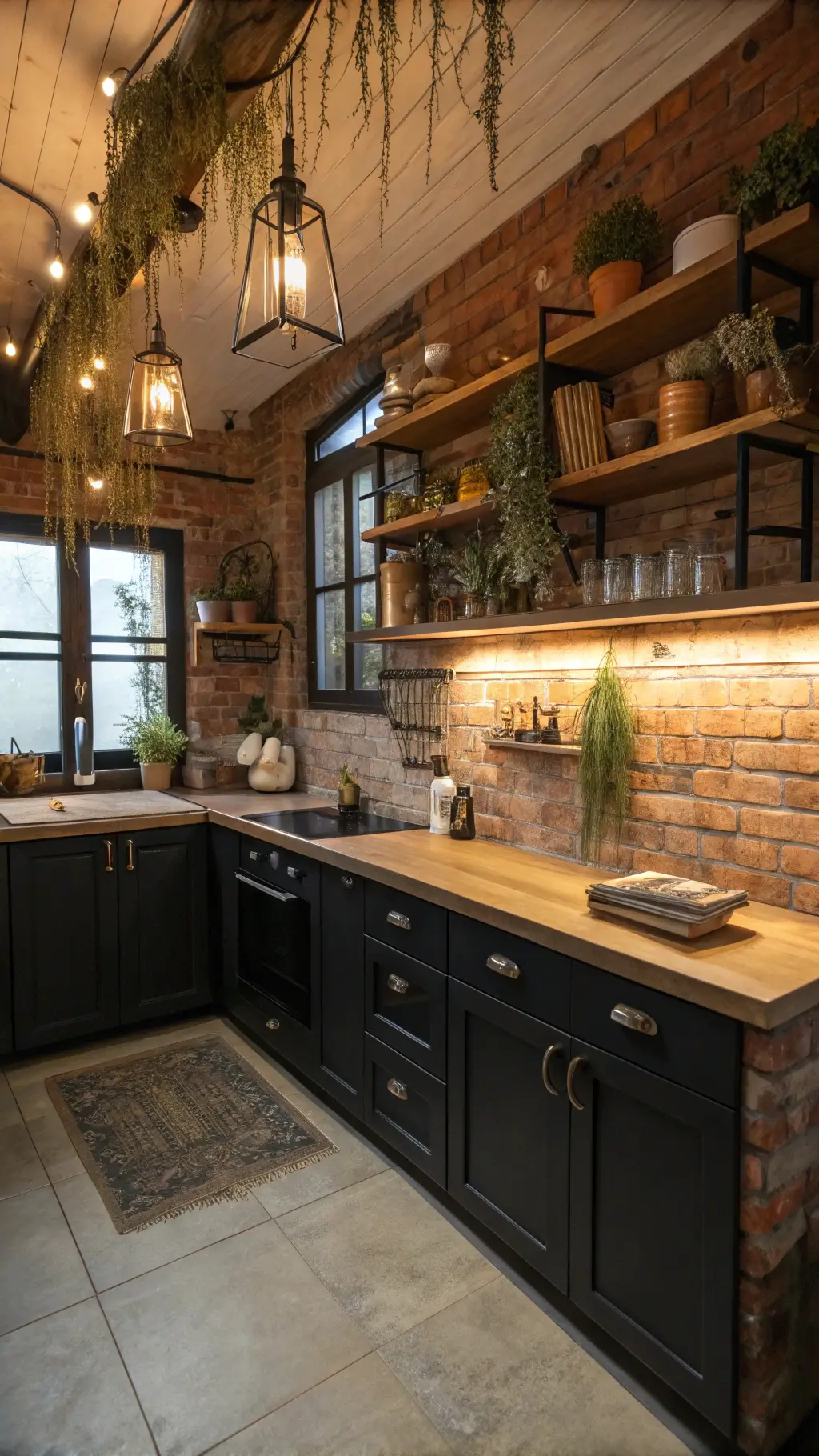 Cozy industrial farmhouse kitchen with distressed black cabinets, butcher block countertops, exposed brick walls, and warm Edison bulb lighting at twilight.