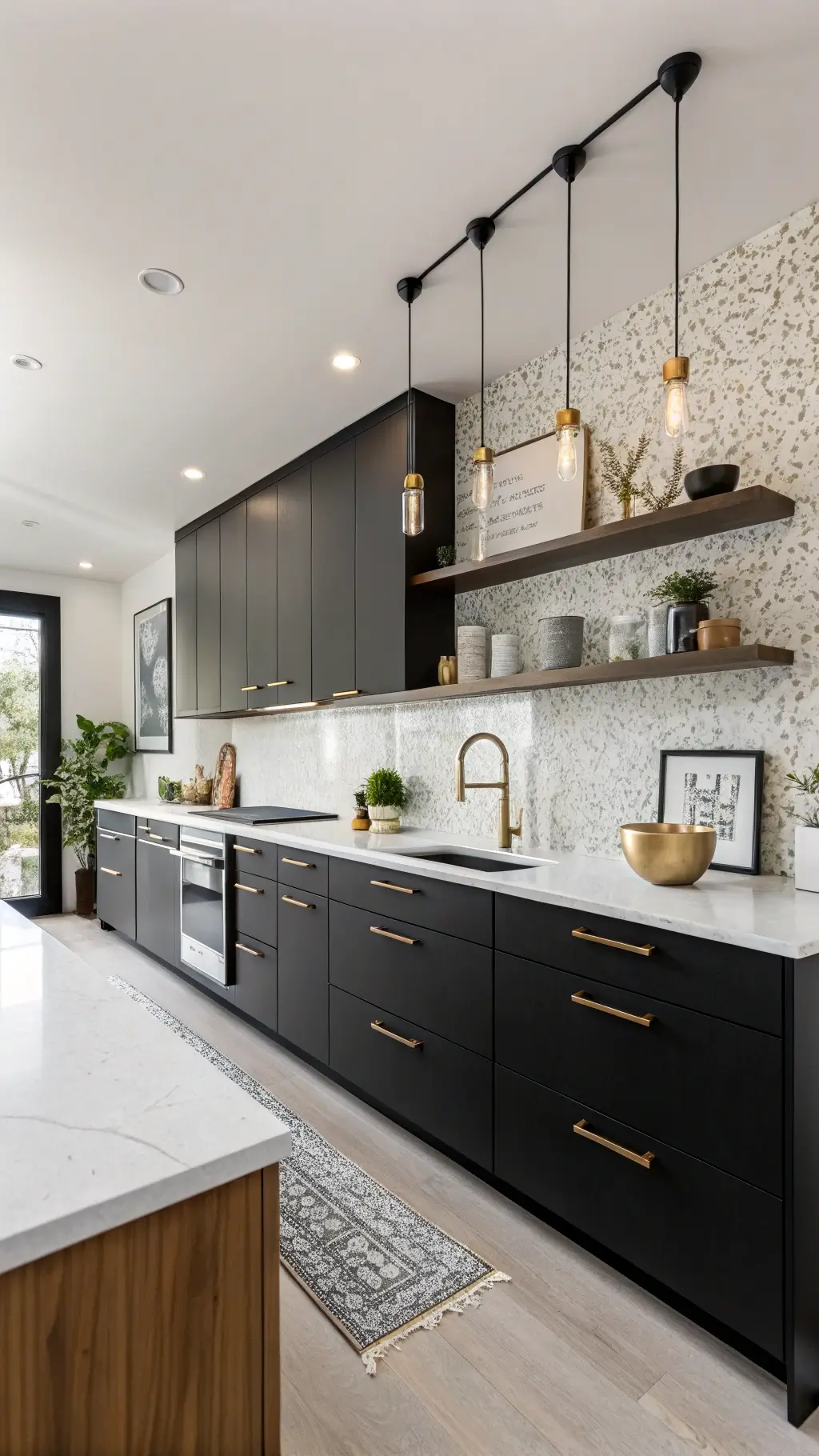 Contemporary 13x17ft kitchen with black cabinets, white terrazzo surfaces, brass shelf, pendant lights, abstract art, and espresso station in diffused daylight.