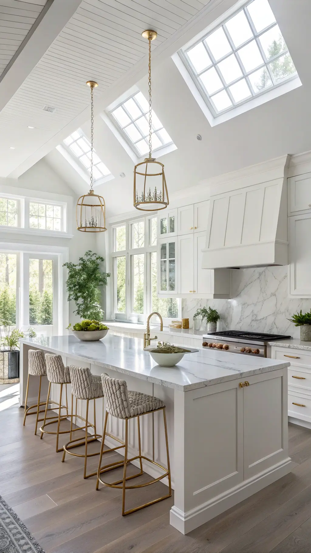 Bright modern white kitchen with marble waterfall island, brass accents, and morning sunlight streaming through large windows.