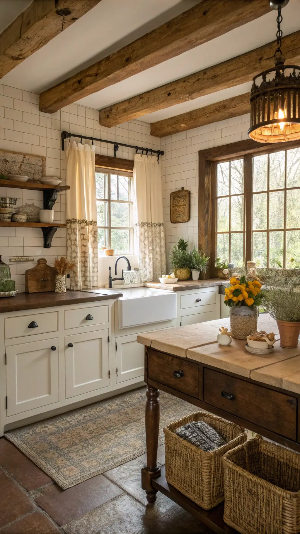 Cozy farmhouse kitchen with vintage white cabinets, antique farm table island, aged brass sink, and warm golden hour light filtering through cafe curtains.