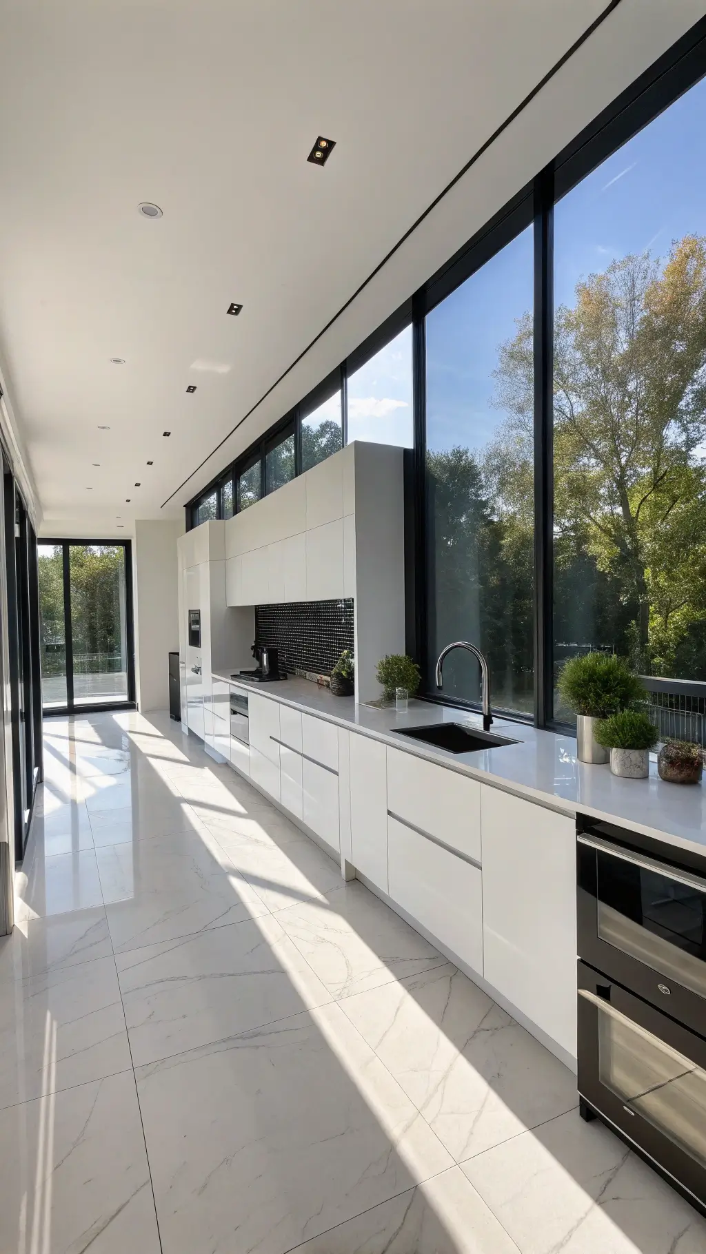 High-angle view of a contemporary minimalist kitchen with white high-gloss cabinets, black glass backsplash, floating quartz countertops, and seamless integrated appliances, bathed in soft midday light.