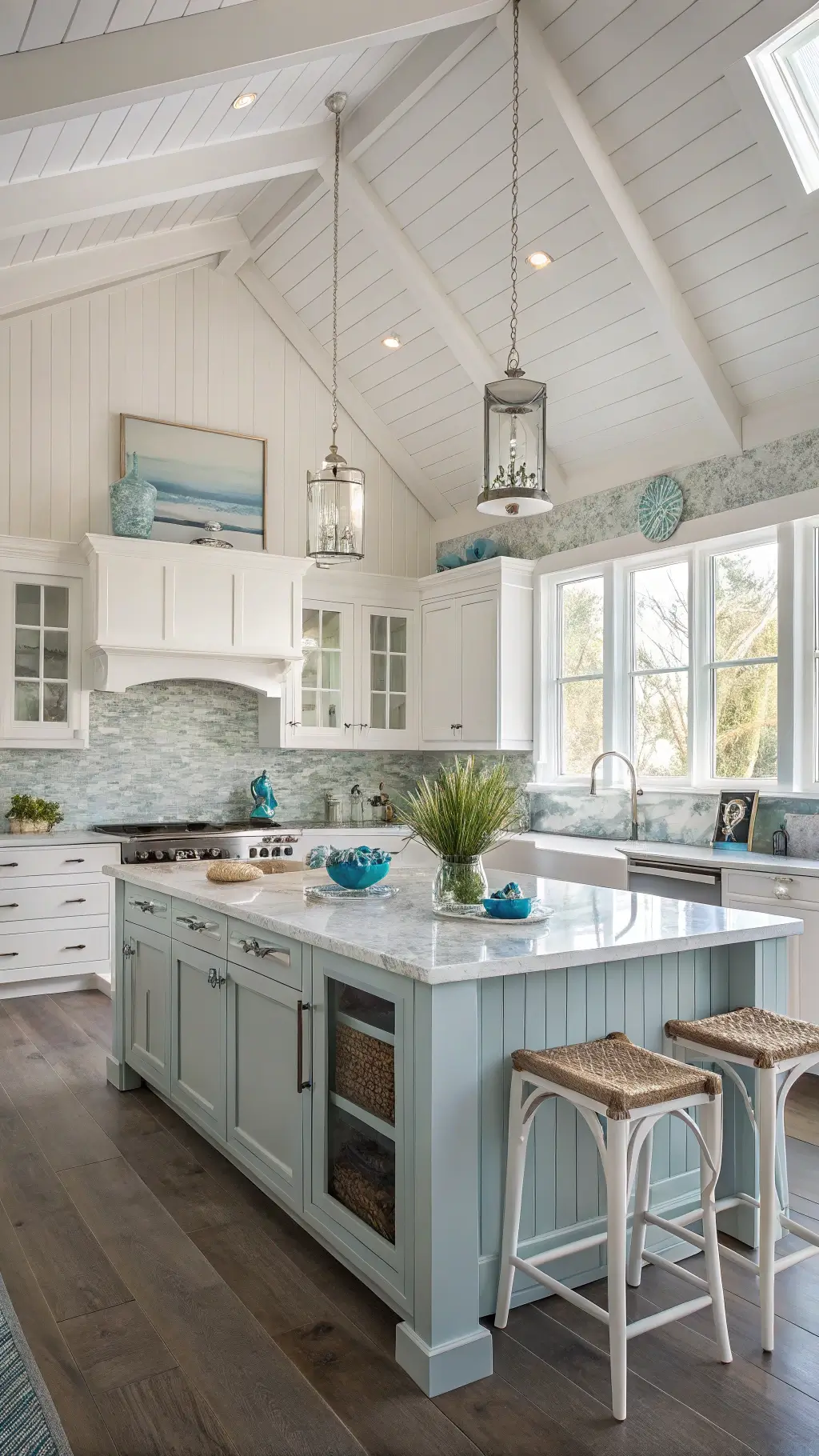 Coastal elegant kitchen with white beadboard cabinets, blue-grey island, Carrara marble counters, and ocean-inspired decor in soft morning light.