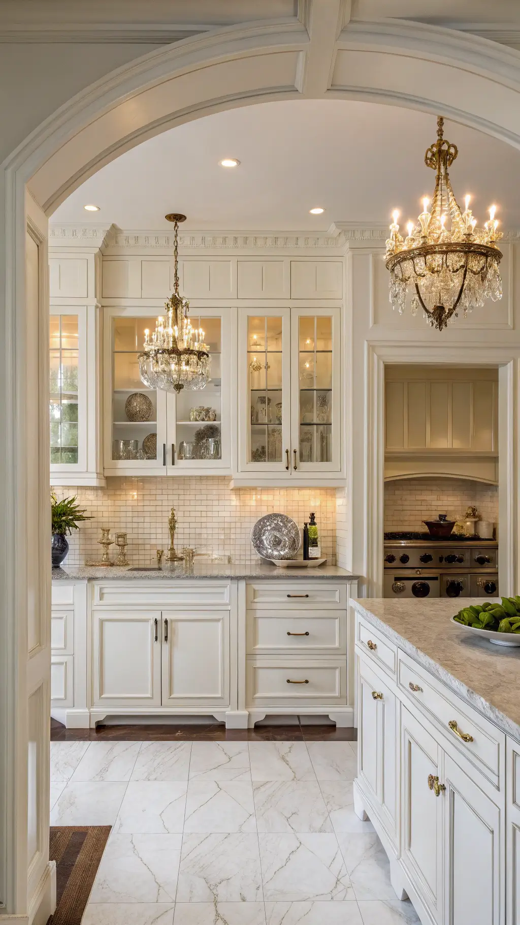 Elegant traditional classic kitchen with white raised-panel cabinets, brass chandeliers, marble countertops, and blue-and-white chinaware, showcasing symmetrical design and formal decor.