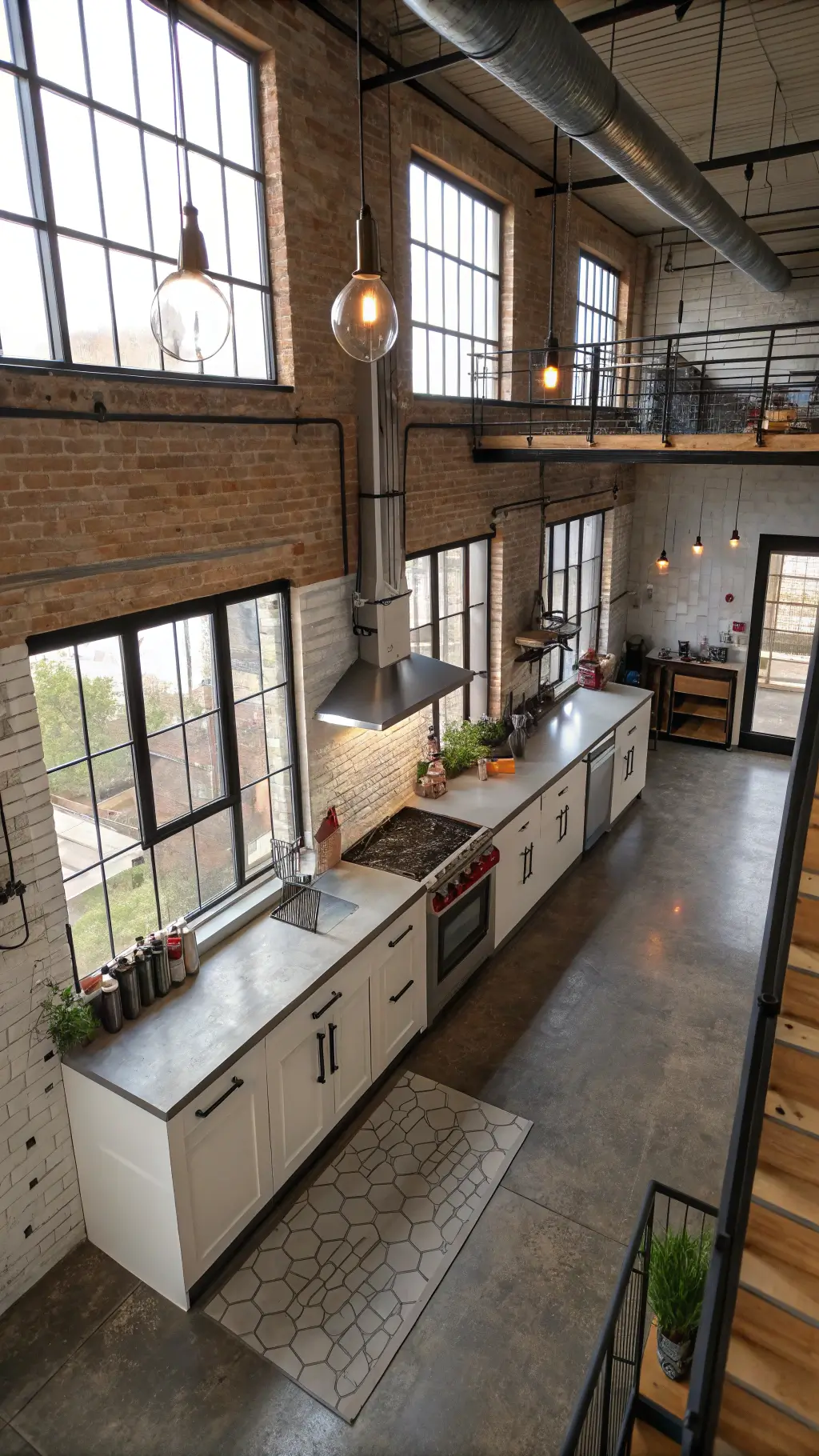 Wide-angle view of an industrial modern loft kitchen with exposed brick walls, concrete floors, factory windows, and sleek white cabinets, shot from an elevated mezzanine.