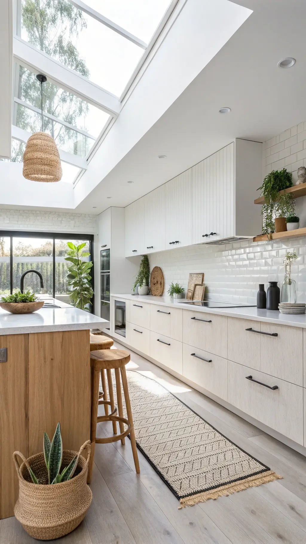 Scandinavian Zen kitchen with white handleless cabinets, pale wood island, penny tile backsplash, and soft morning light through skylights.