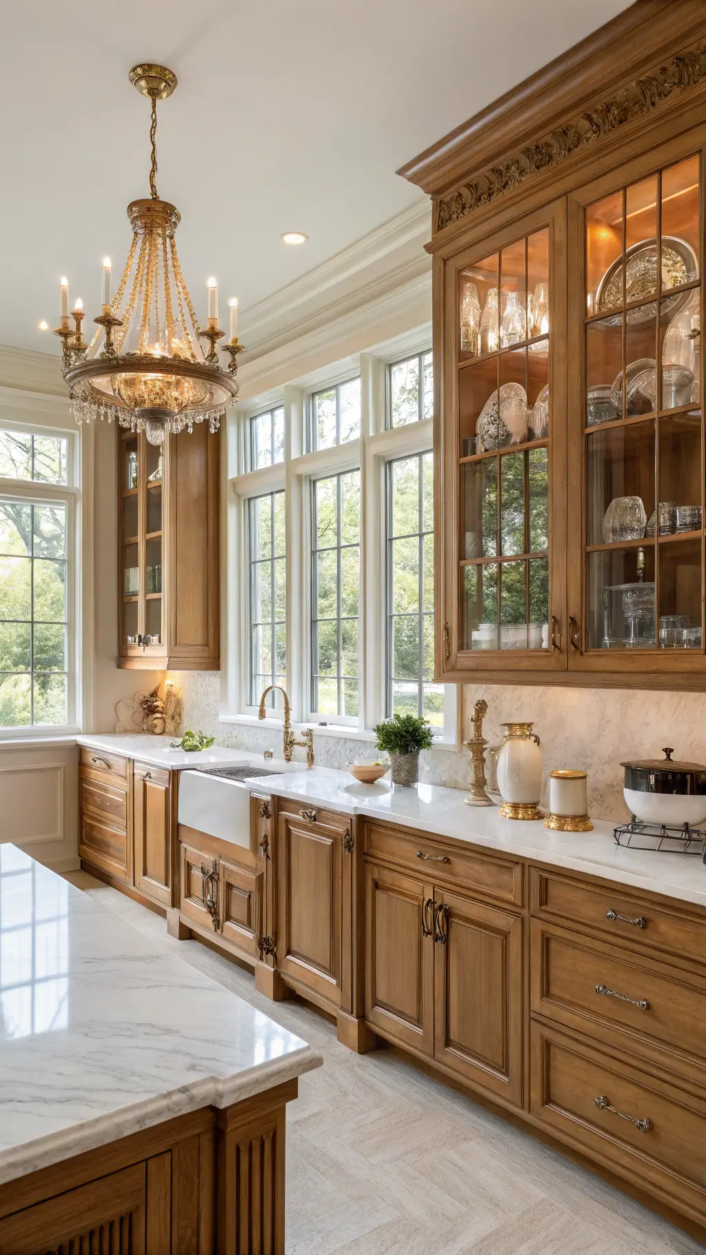 Elegant traditional kitchen with oak cabinets, marble countertops, copper cookware, and a crystal chandelier lit by morning sunlight through floor-to-ceiling windows.