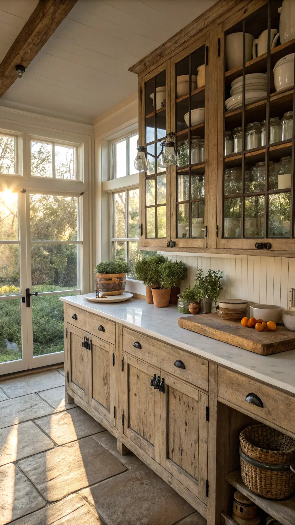 Farmhouse chic kitchen with weathered oak cabinets, open shelving of white ironstone, butcher block island with herbs, sunlit through vintage windows.