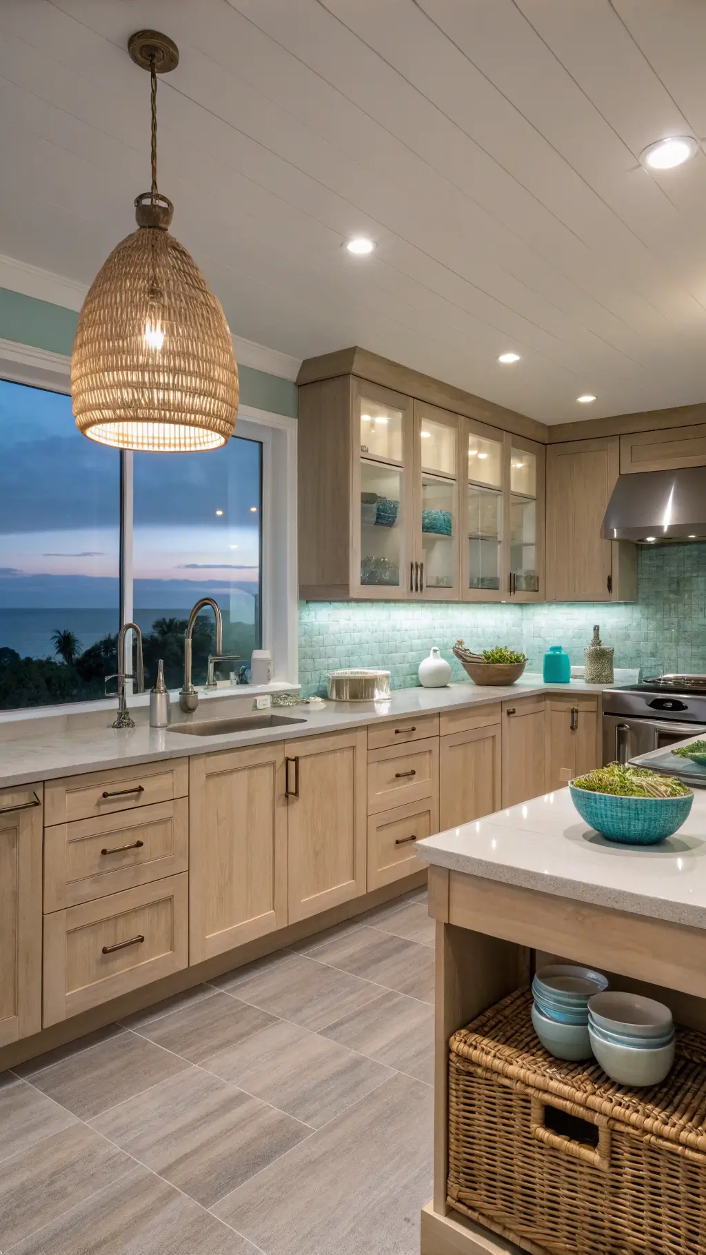 Contemporary coastal kitchen with light oak cabinets, seafoam glass backsplash, rattan pendant, and seaside decor at blue hour.