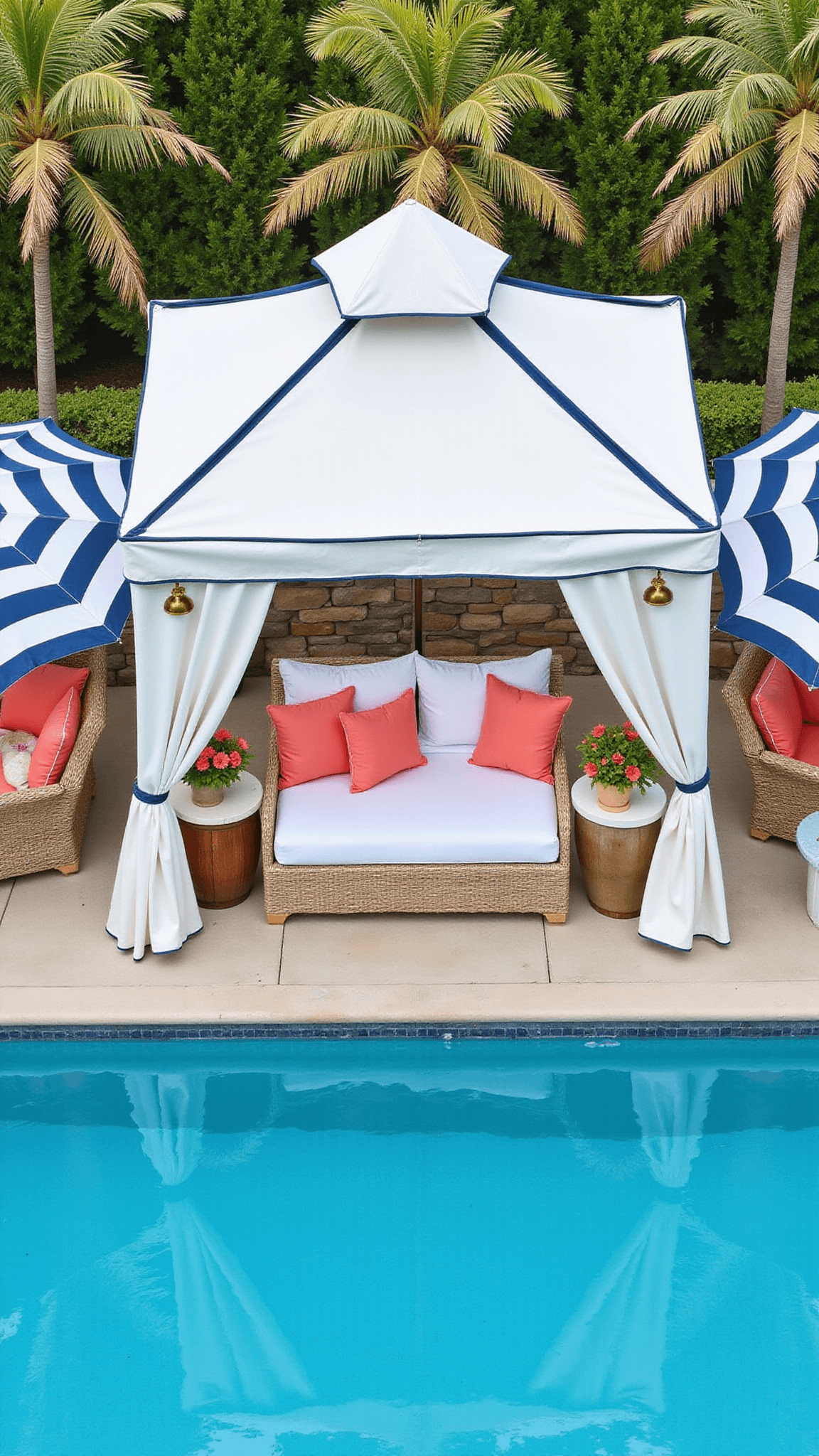 Bird's eye view of a luxurious 25x30ft poolside cabana with white daybed, blue-striped umbrellas, coral and white furniture, and potted palms in a symmetrical layout.