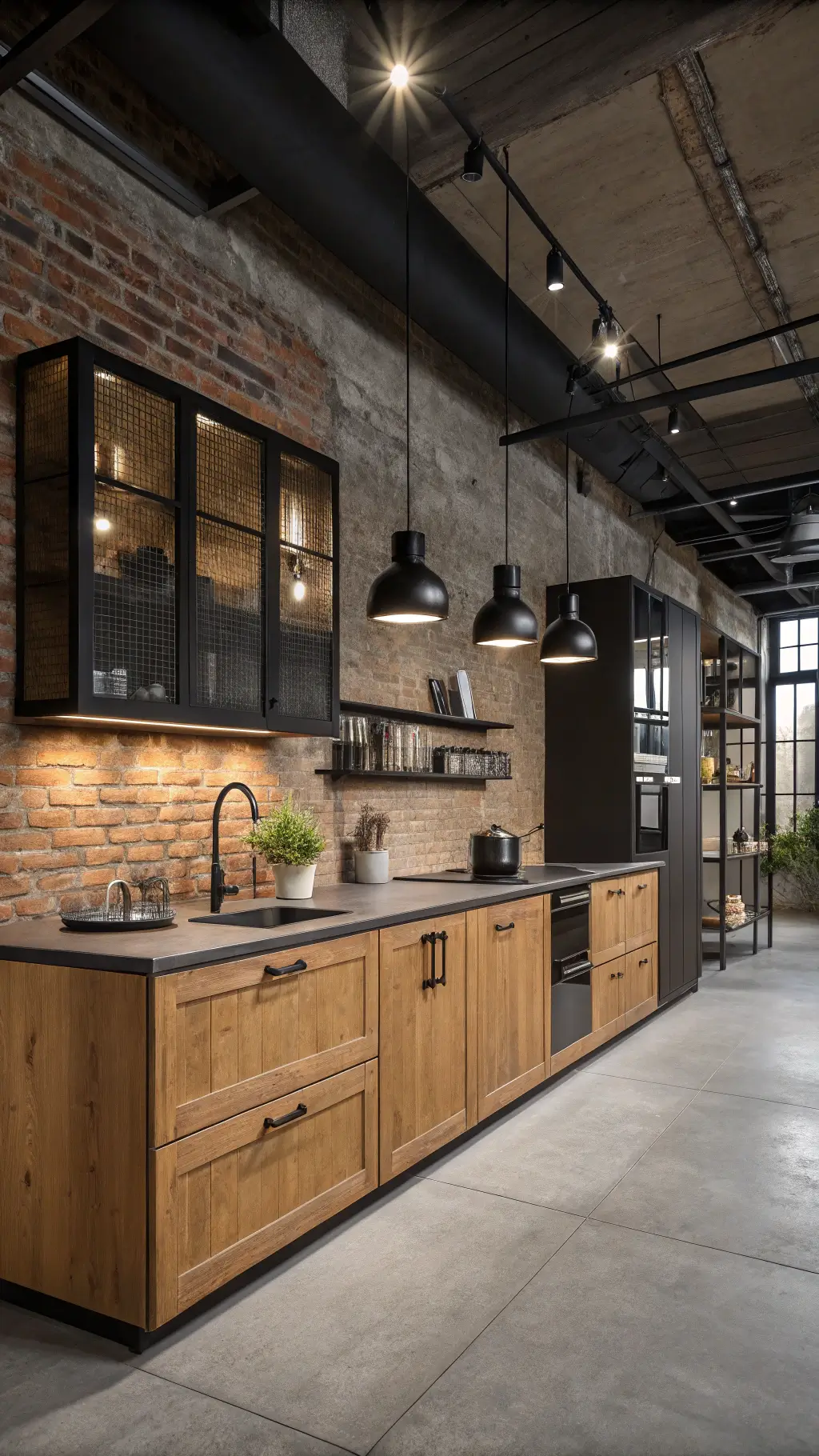Industrial modern loft kitchen with oak cabinets, concrete countertops, exposed brick wall, and steel pendant lights, shot at a Dutch angle with dramatic lighting emphasizing shadows and textures.