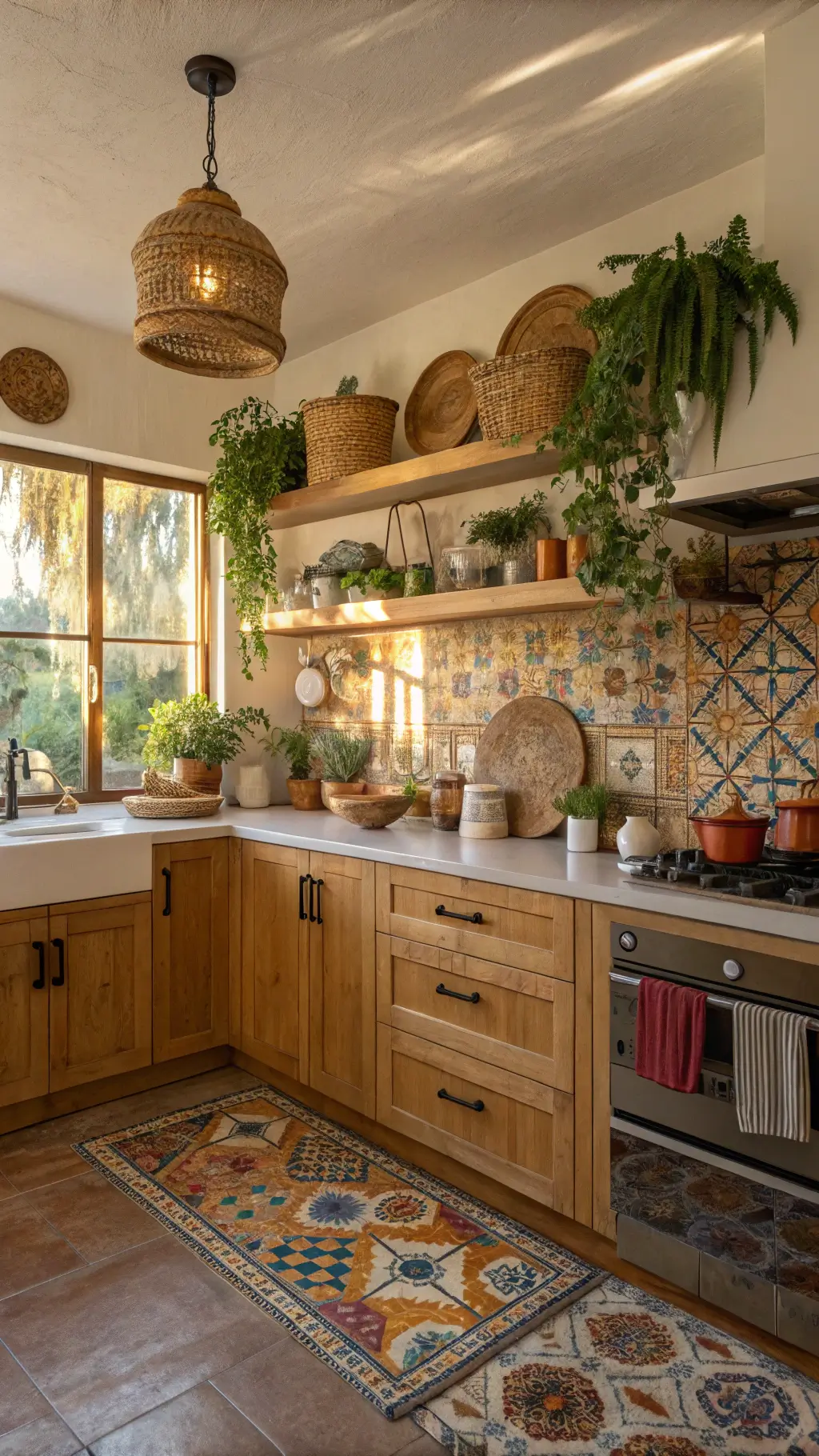 Bohemian eclectic kitchen with honey oak cabinets, Moroccan tile backsplash, open shelving with ceramics and baskets, and hanging plants bathed in golden hour light.