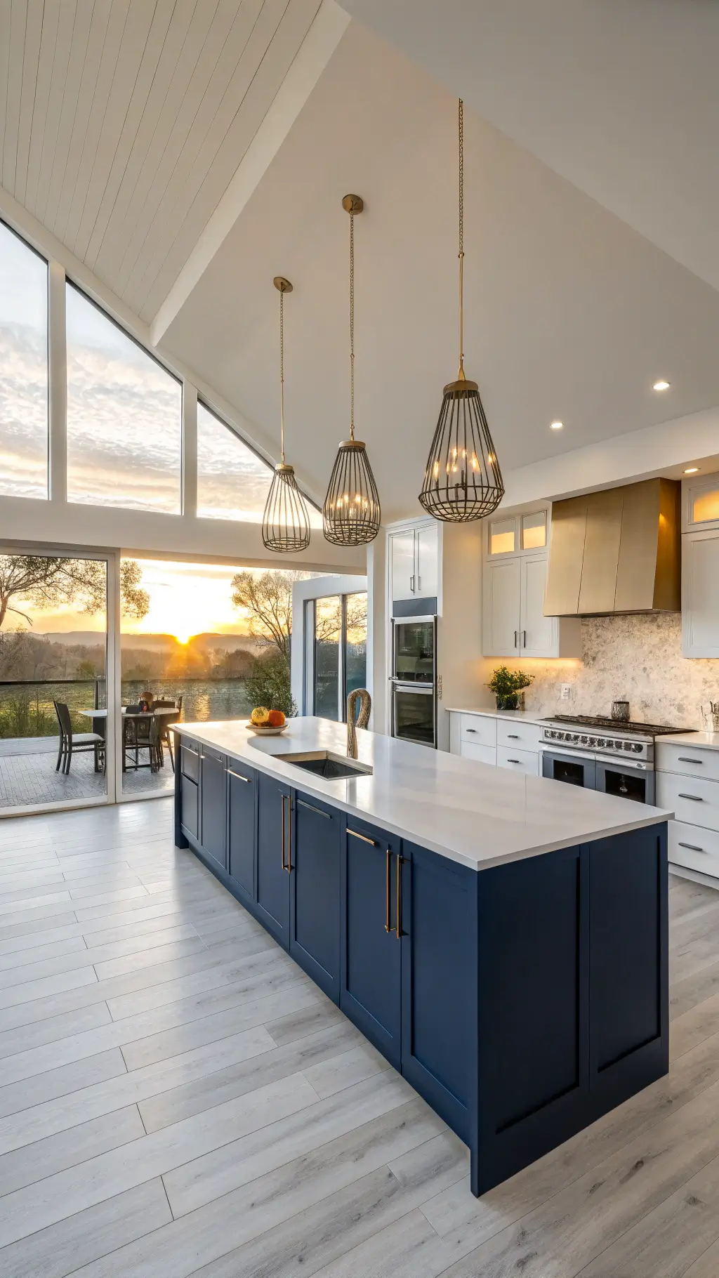 Modern navy minimalist kitchen with white quartz island, brass pendant lights, and oak flooring bathed in golden hour light.