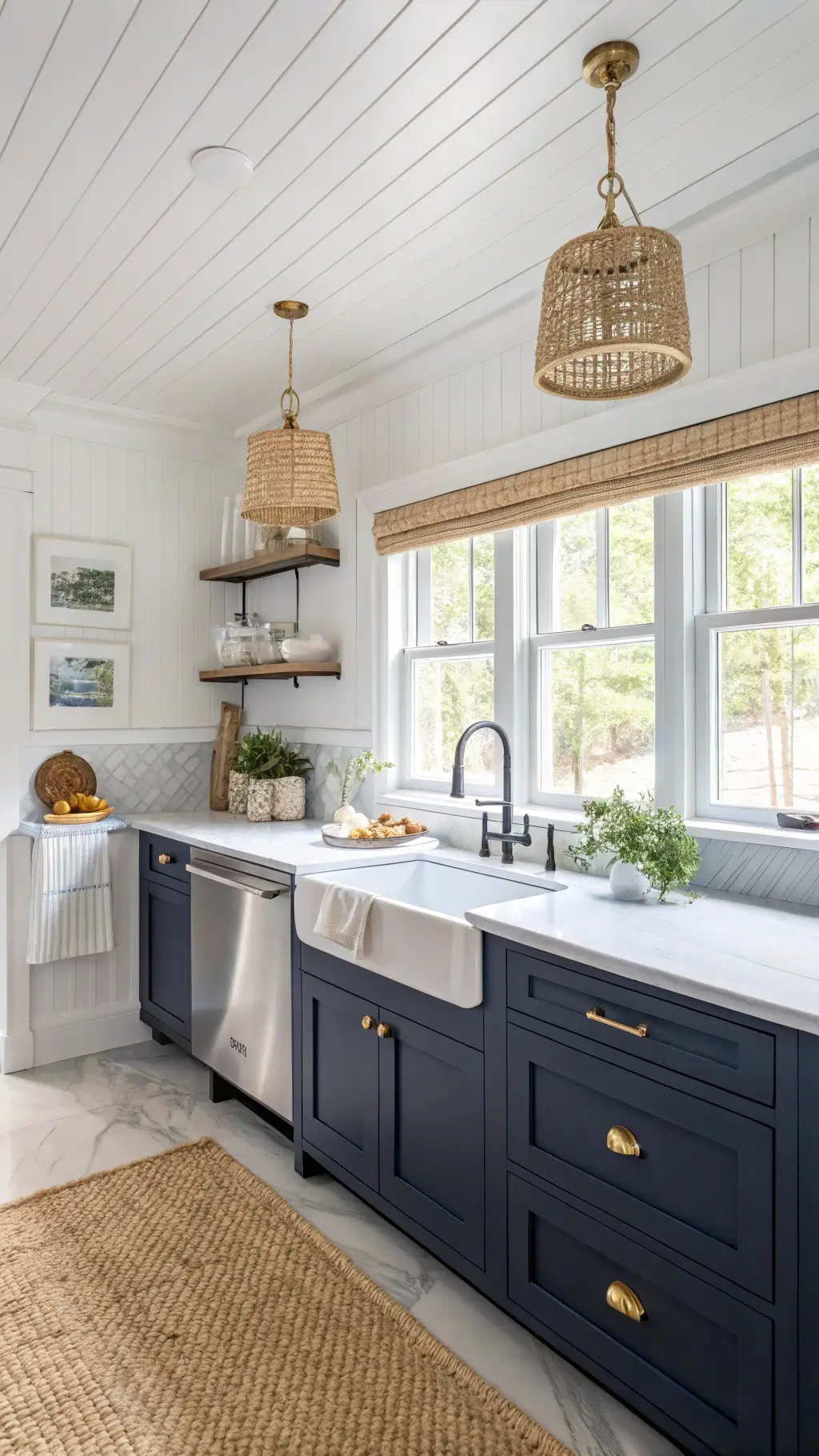 Coastal navy kitchen with shaker cabinets, marble countertops, farmhouse sink, rattan pendants, and sunlit breakfast nook.