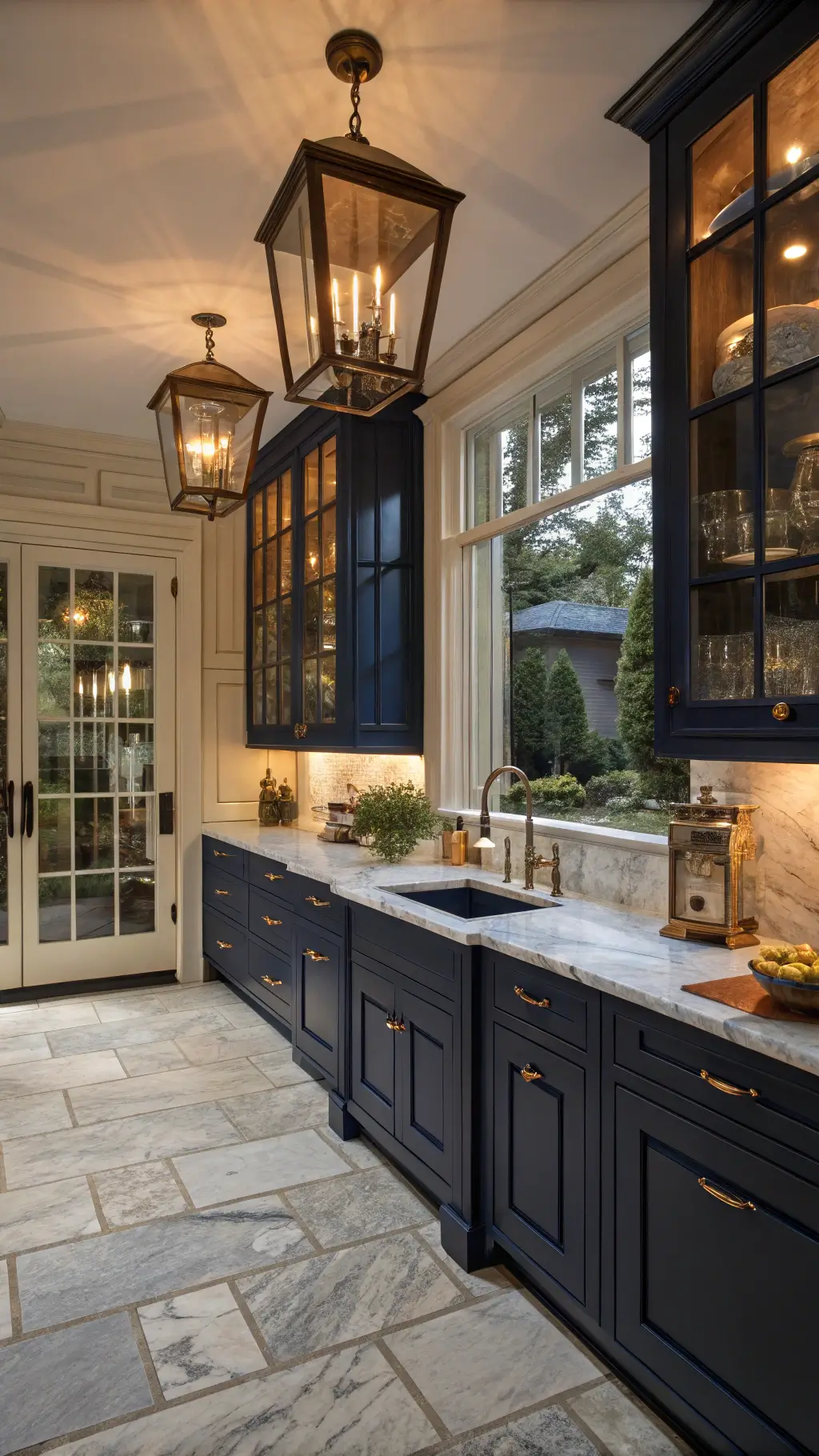 Traditional navy kitchen at dusk with coffered ceiling, illuminated glass-front cabinets, Calacatta gold marble backsplash, antique brass fixtures, and vintage copper cookware.