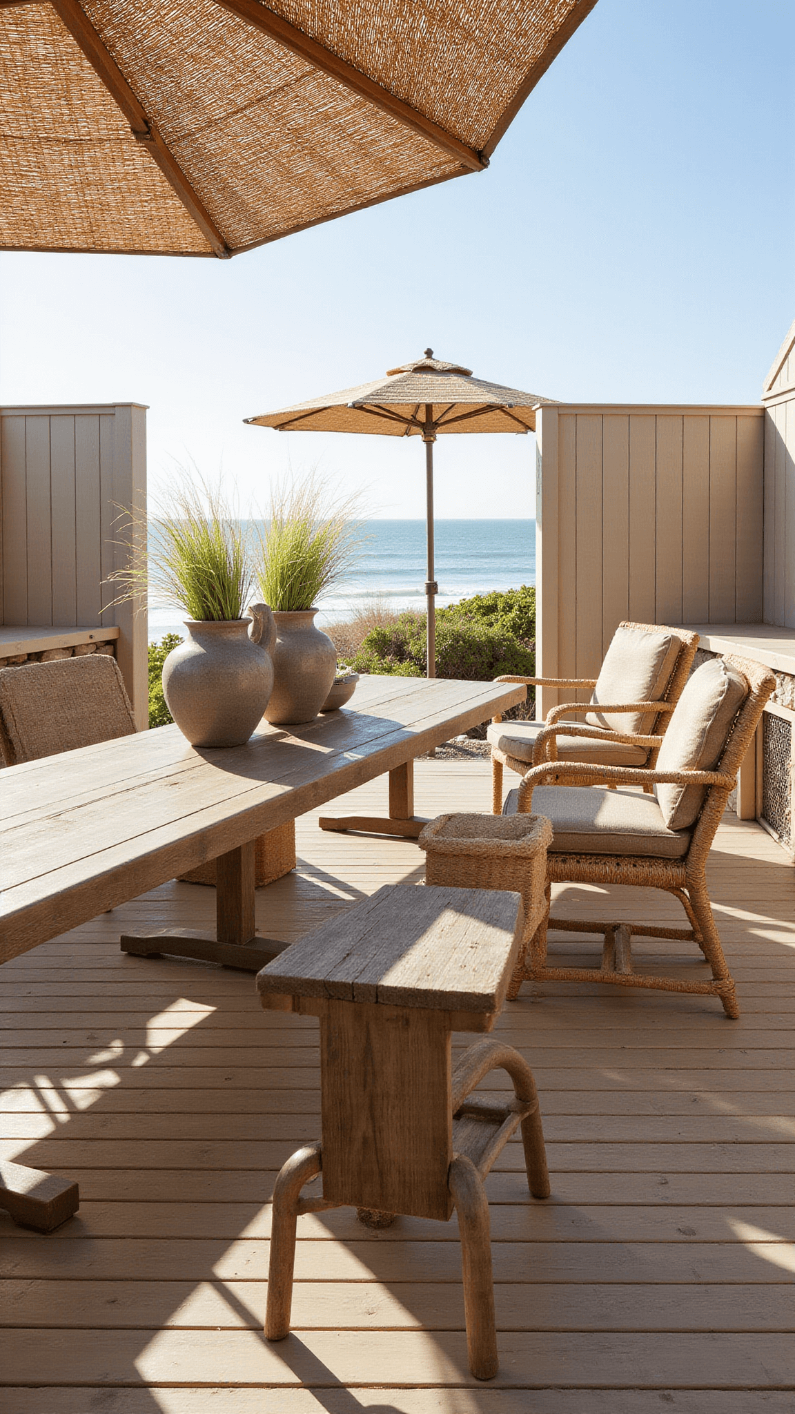Wide low-angle view of a 30x40ft beachfront deck at noon with teak dining table, rope chairs, built-in benches, oversized pottery with coastal grasses, a natural fiber umbrella casting shadows, shiplap privacy walls, and brass hardware gleaming in the sun.