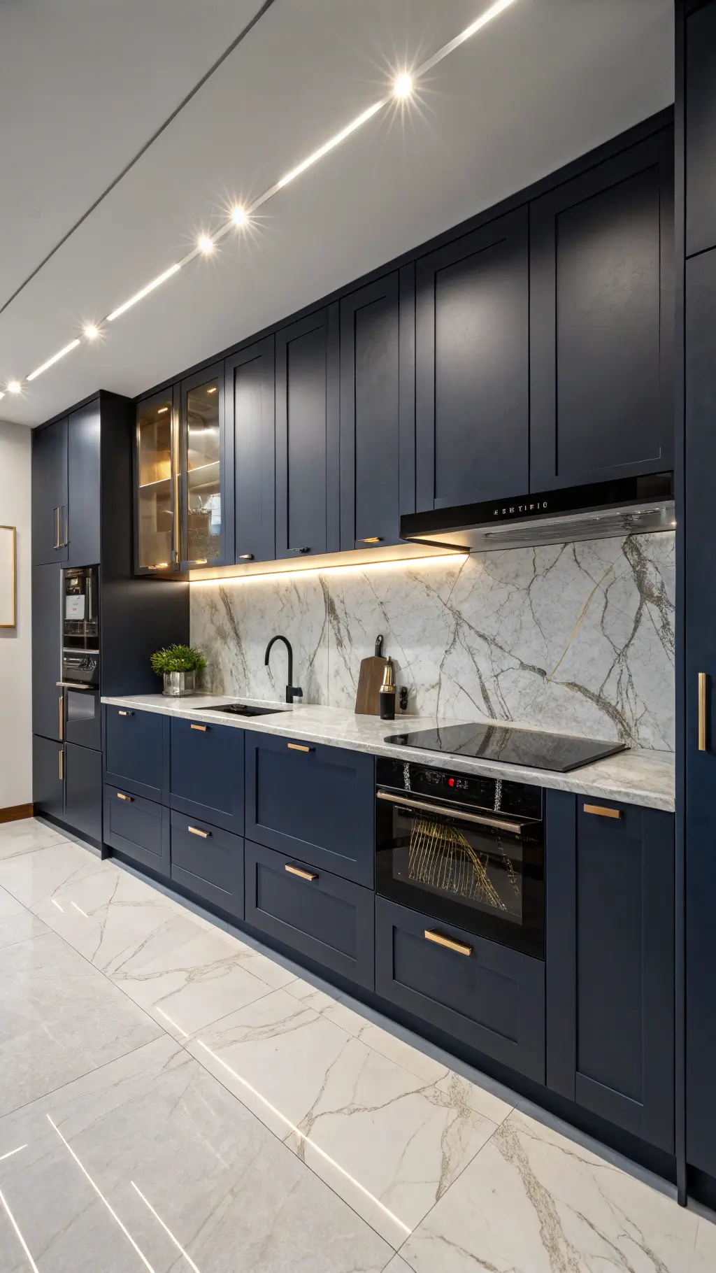 Contemporary navy kitchen with high-gloss cabinets, waterfall quartzite counters, matte black fixtures, LED under-cabinet lighting, and geometric black and brass accessories.