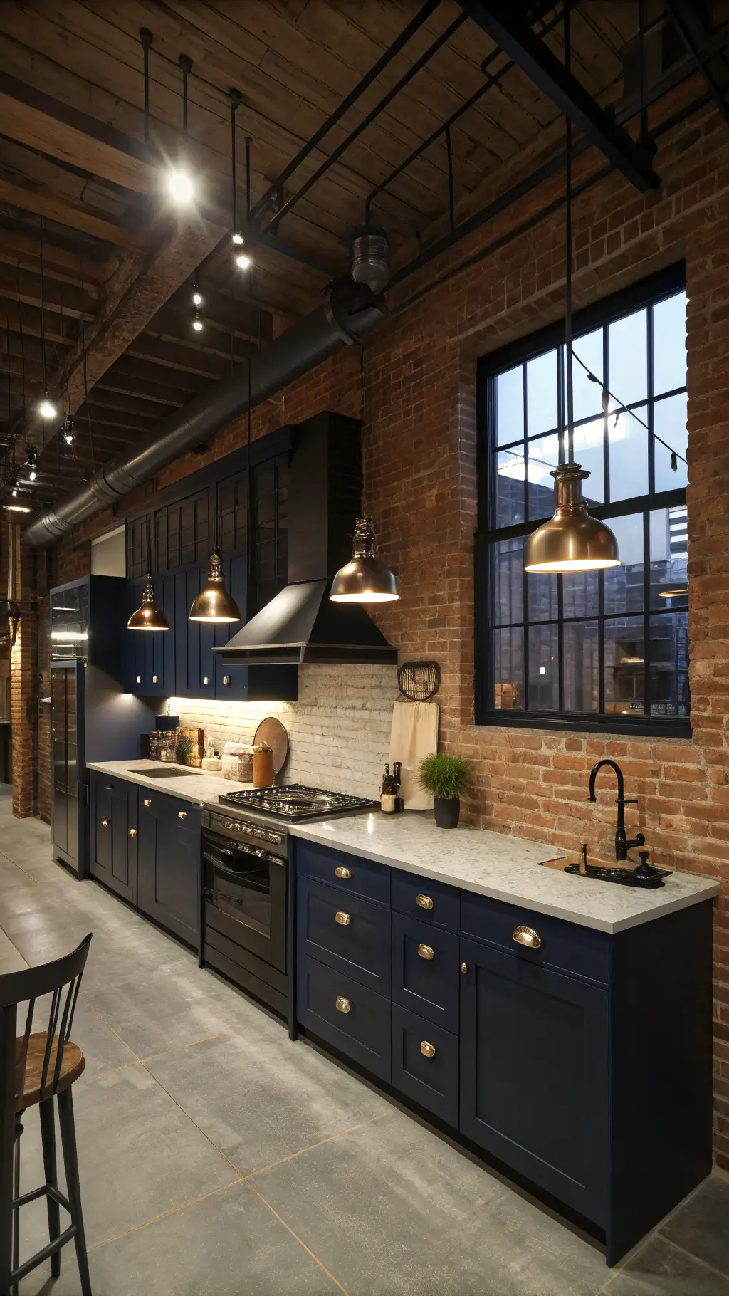 Loft kitchen with navy cabinets, exposed brick, soapstone counters, and factory lighting in moody evening ambiance.