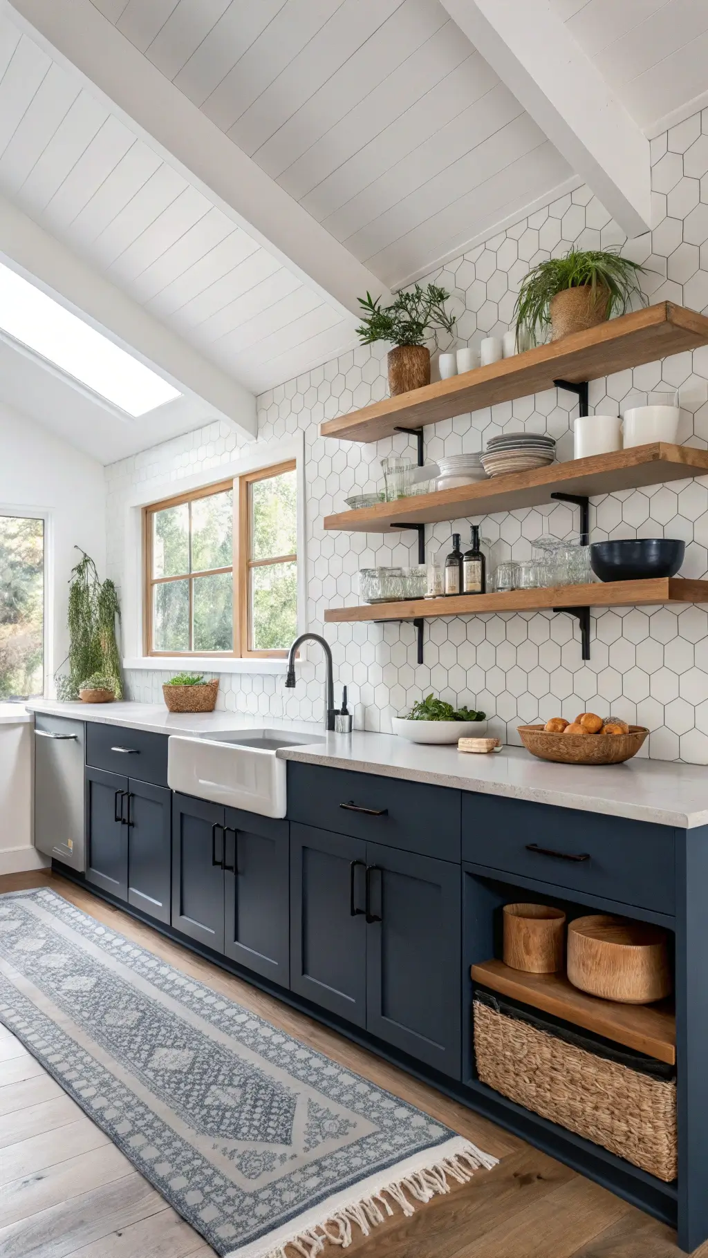 Bright Scandinavian-Navy fusion kitchen with navy cabinets, wooden shelves, concrete countertops, white hex tile backsplash, black fixtures, and natural decor in daylight.