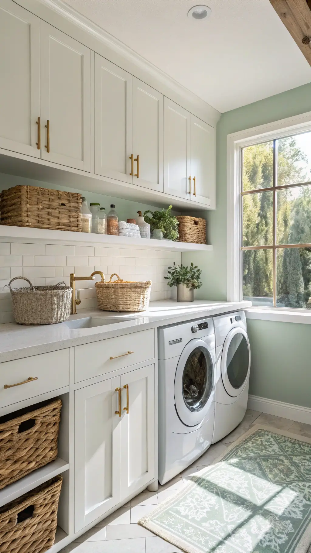 Modern sunlit laundry room with white shaker cabinets, sage green accent wall, quartz countertop over front-loading washer and dryer, open shelving with baskets and containers, and large window casting soft morning light.