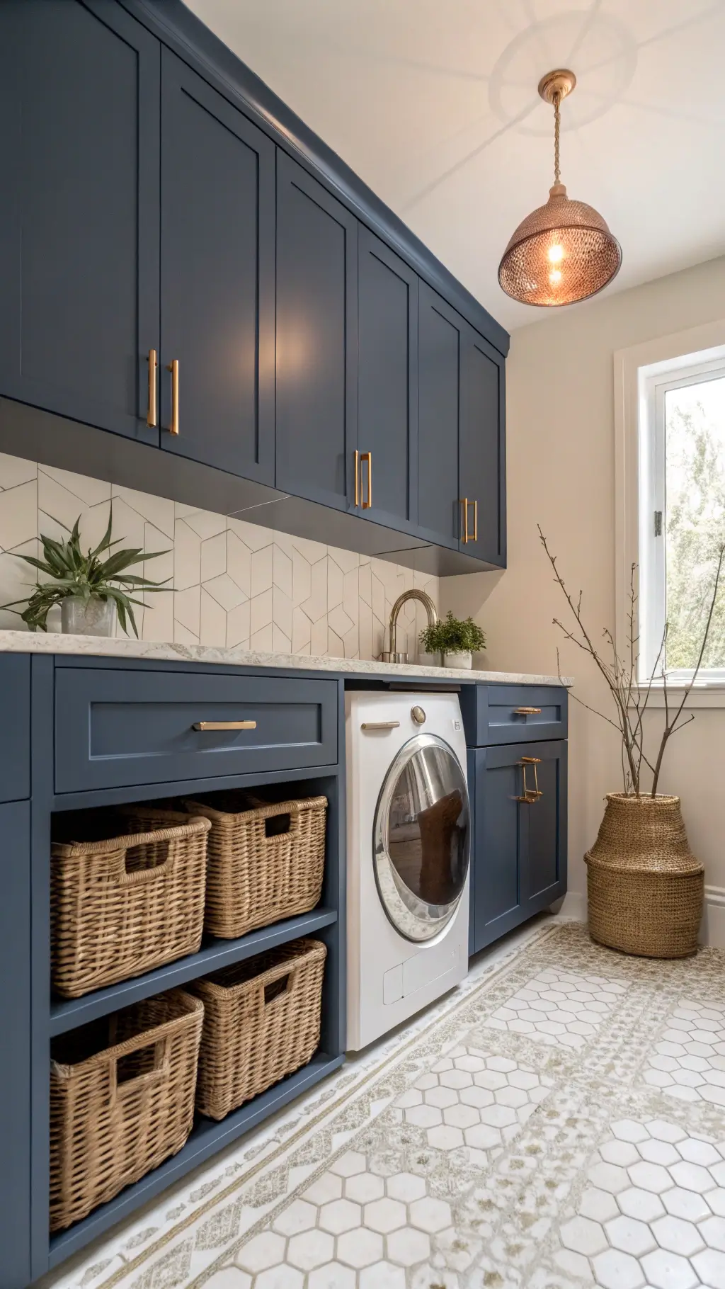 Golden hour laundry room with navy handleless cabinets, rattan pull-out baskets, cream hexagon tile floor, copper pendant light, and eucalyptus in glass vase.
