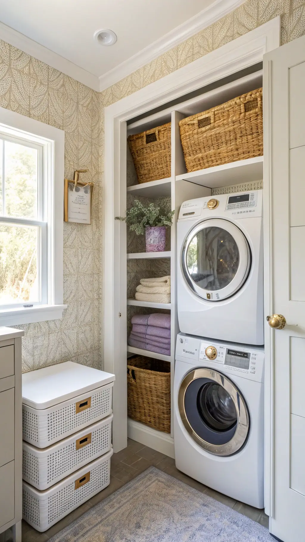 Sunlit corner laundry room with stacked washer/dryer, warm white storage, grasscloth accent wall, vintage brass hardware, and natural decor elements.
