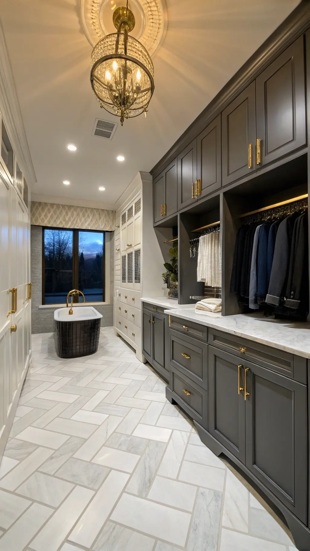 Elegant 15'x10' luxe laundry room at dusk featuring statement chandelier, matte charcoal and glossy white two-tone cabinets, herringbone marble floors, built-in drying racks, custom pet washing station with hand-shower, and black and gold accents.