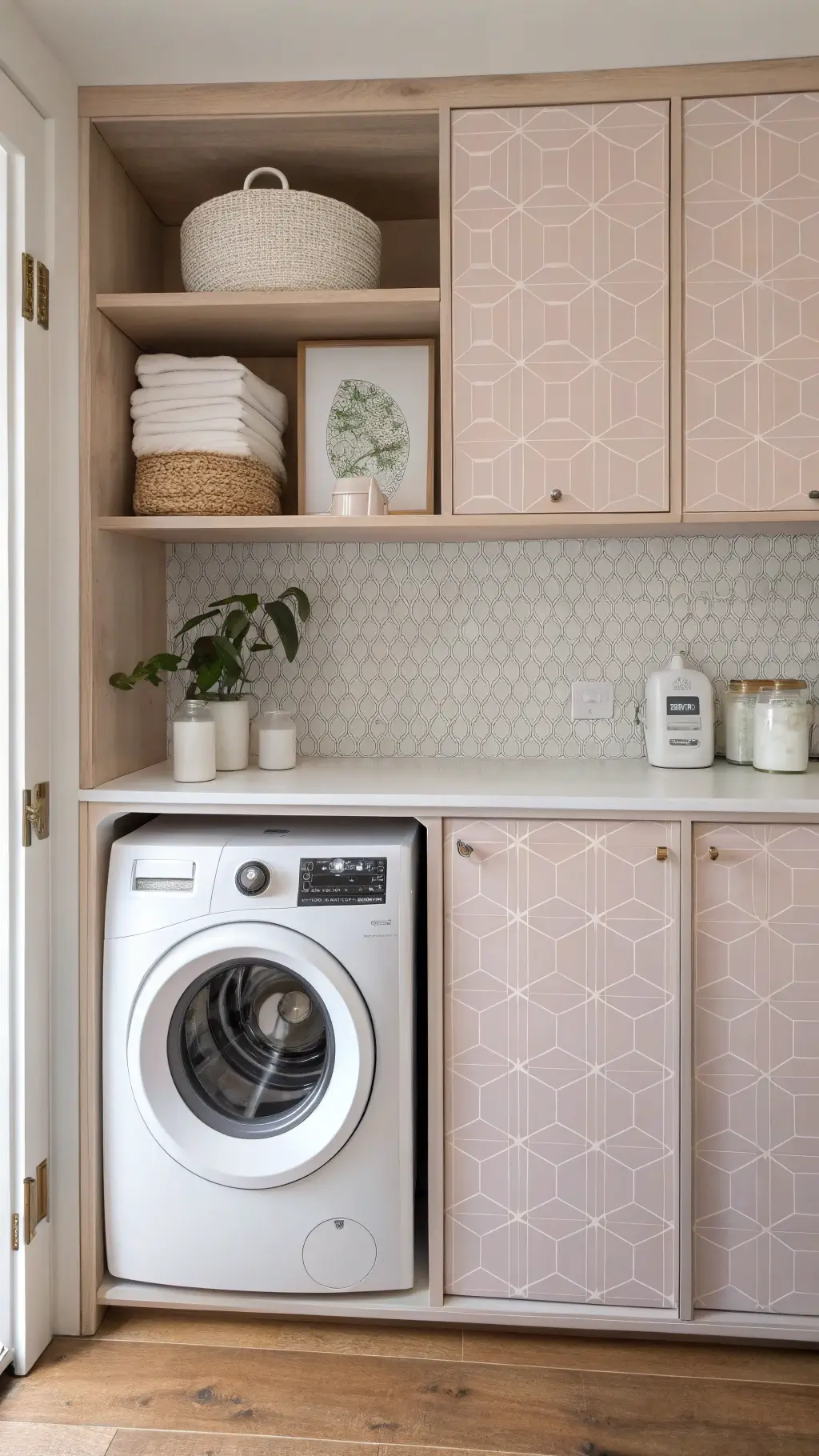 Compact 5x7 laundry nook with pale blush geometric cabinets, hidden bifold storage, bleached oak floating shelf, and feminine decorative accents in soft morning light.