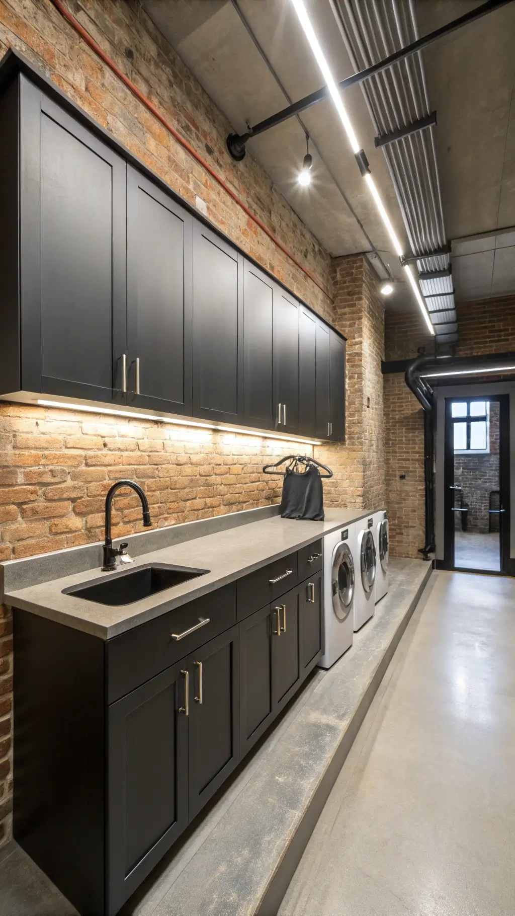 Modern-industrial laundry room with exposed brick wall, matte black grooved cabinets, concrete countertops, steel hanging racks, and vintage washboard decor.
