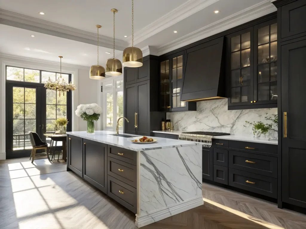 "Luxury black kitchen with marble countertops, brass fixtures, and natural morning light streaming through large windows"