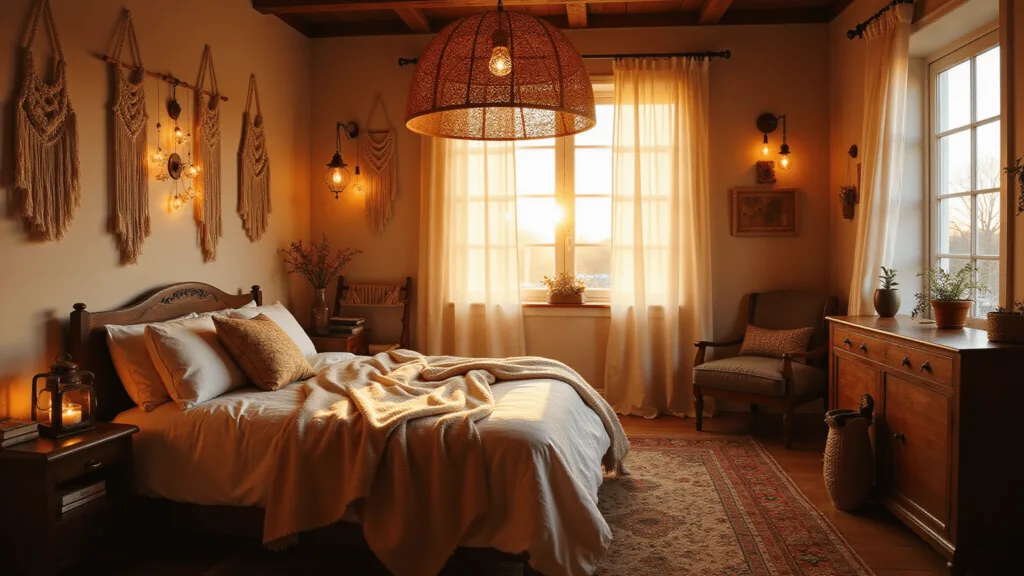 "Bohemian bedroom in sunset glow with rattan pendant, macrame wall decor, brass lanterns, string lights, and vintage furniture under soft gauzy curtains."