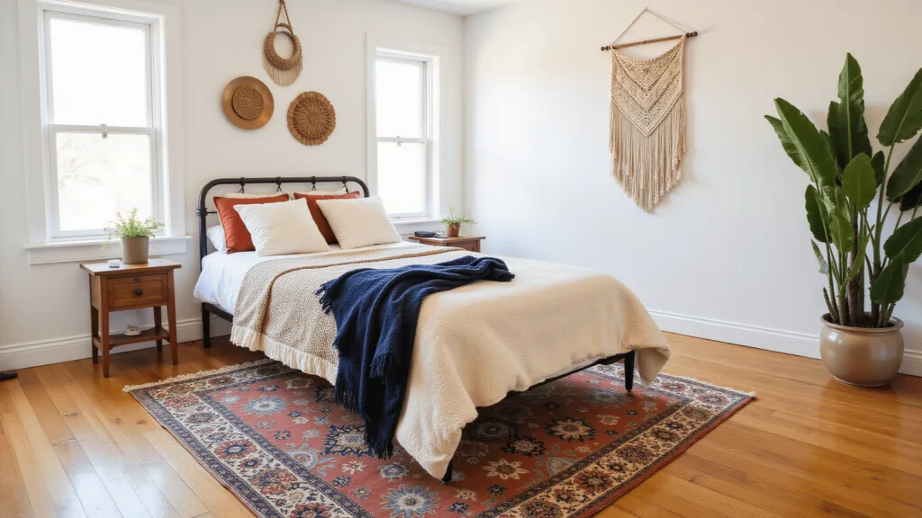 "Bohemian bedroom with vintage Turkish kilim rug on hardwood floor, macrame wall hangings, brass accents, and plants, bathed in warm golden hour light with a color scheme of terracotta, navy, and cream."