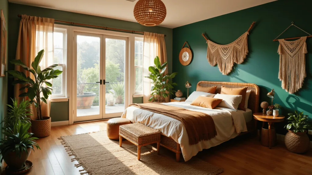 "Bohemian bedroom with emerald green walls, king-size bed, rattan furniture, macrame wall hangings, tropical plants, and warming sunlight filtered through sheer curtains."