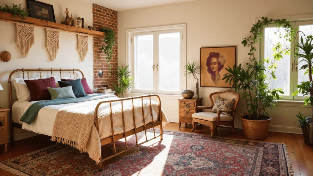"Sunlit boho bedroom with a brass queen bed, layered textiles, macramé wall decor, and global artifacts, alongside a rustic exposed brick wall"