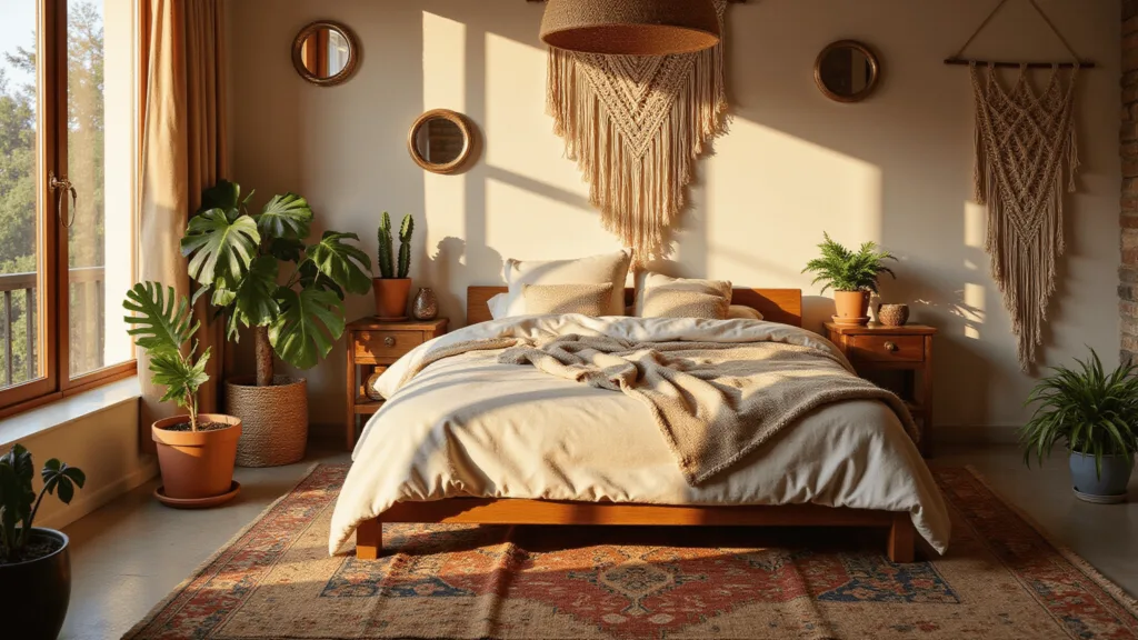 "Cozy bohemian bedroom with vintage Persian and jute rugs, a low platform bed with rumpled linen, macramé wall art, potted monstera plants, and brass mirrors in warm golden hour light"