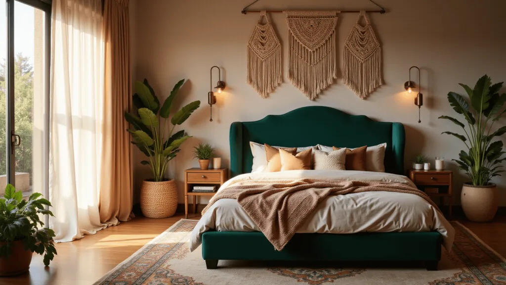 "Luxurious boho style bedroom with emerald velvet headboard, macramé decorations, Persian rug, rattan accents and golden sunlight streaming through sheer curtains"