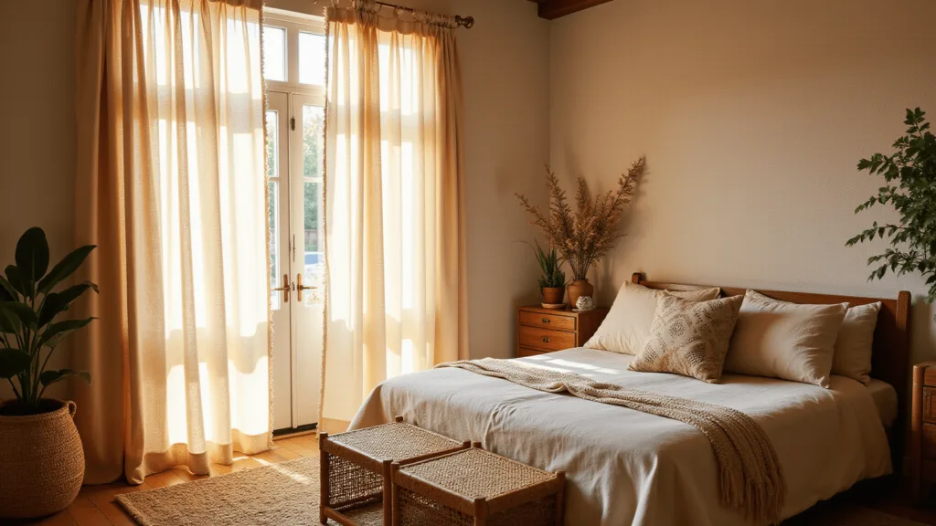 "Bohemian bedroom with sunlit natural curtains, macramé tassels, rattan furniture, and brass elements during the golden hour"