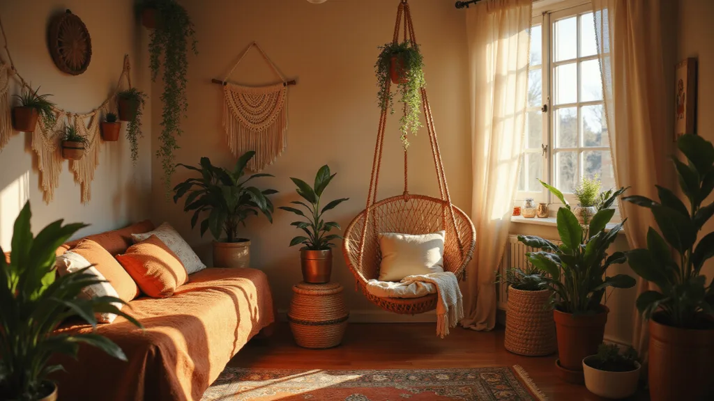 "Boho teen bedroom with rattan chair, vintage Persian rug, macramé decorations, and fairy lights in warm golden light"