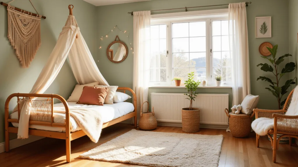 "Golden hour sunlight illuminating a boho-styled toddler bedroom with rattan furniture, cotton canopy bed, macramé wall hangings, sage green walls, and cozy natural textures"