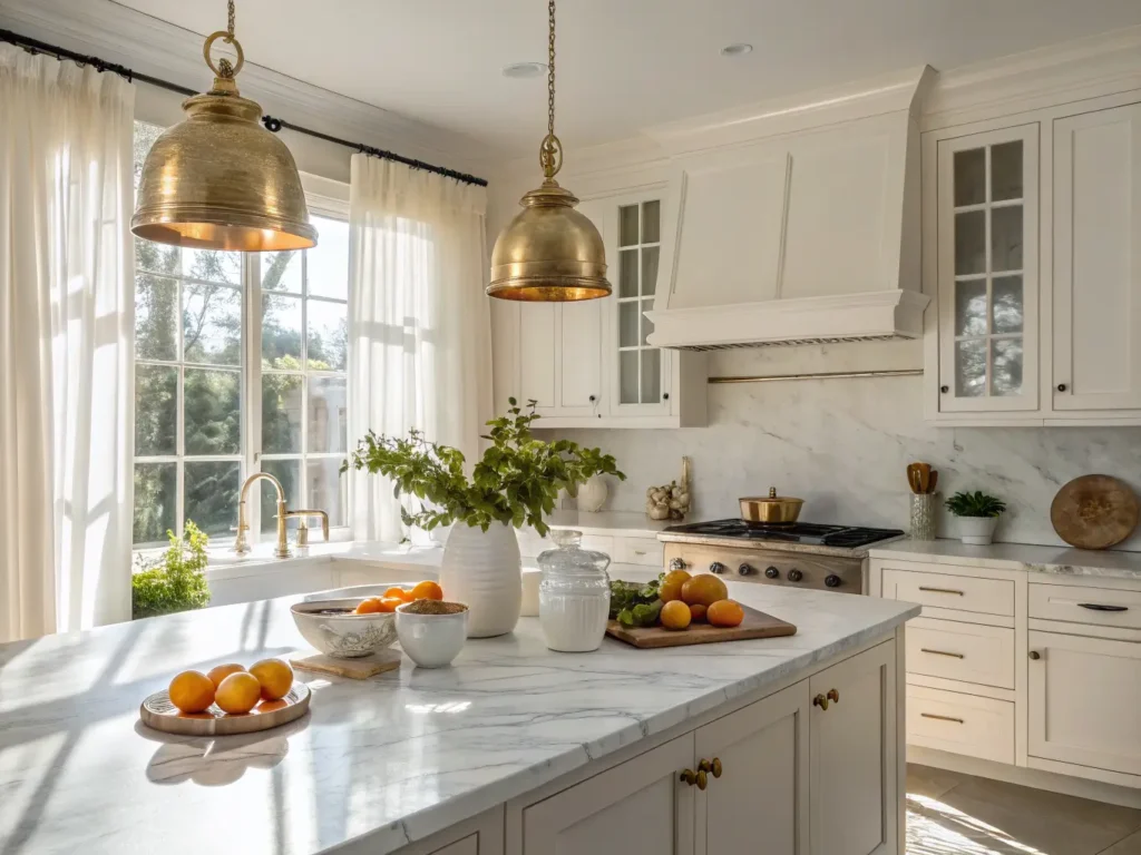 "Modern kitchen with off-white cabinets, white marble island, brass pendant lights, fresh citrus fruits, and copper cookware in morning sunlight"