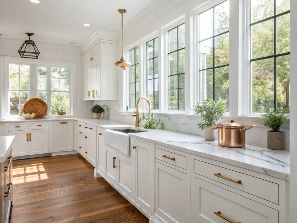 "White Shaker cabinet kitchen with oak floors, marble countertops, brass hardware accents in morning light"