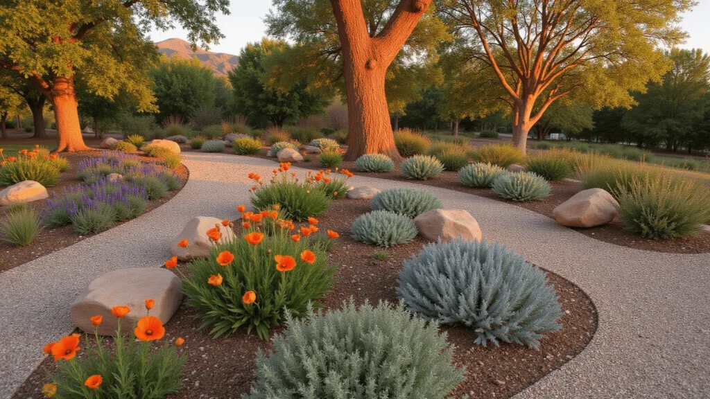 "California garden at sunset featuring native plants, a granite path, stone boulders, and a Manzanita tree"