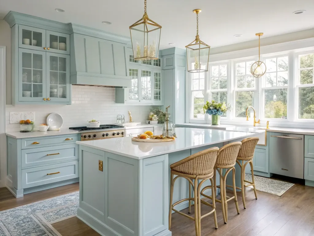 "Light blue kitchen cabinets with brass hardware, white quartz countertops, rattan barstools and morning sunlight filtering through bay windows in a coastal chic, airy and bright interior."