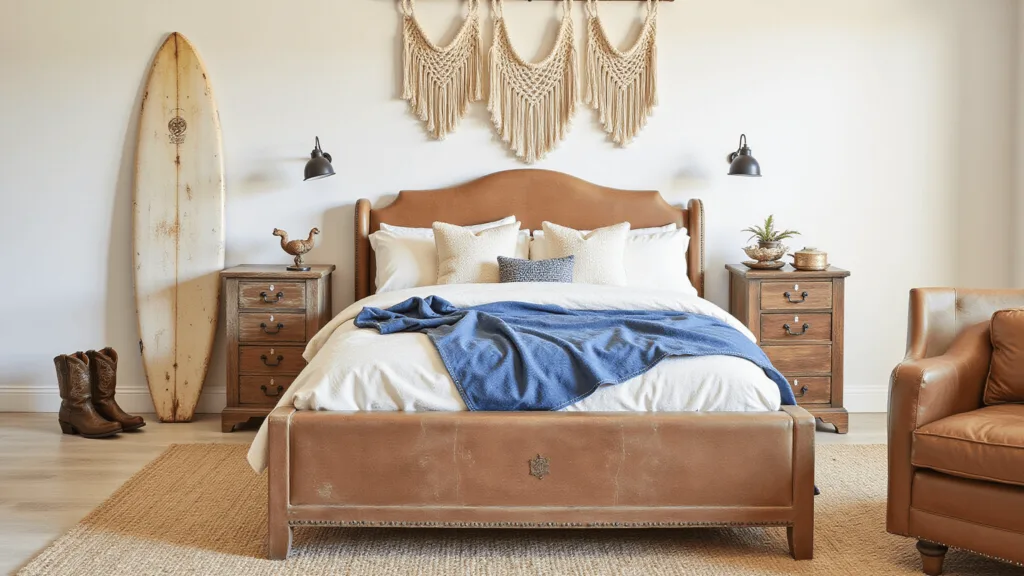 "Sunlit coastal cowgirl bedroom with leather furniture, denim textiles, macramé wall decor, jute rug, vintage surfboard and cowboy boots."