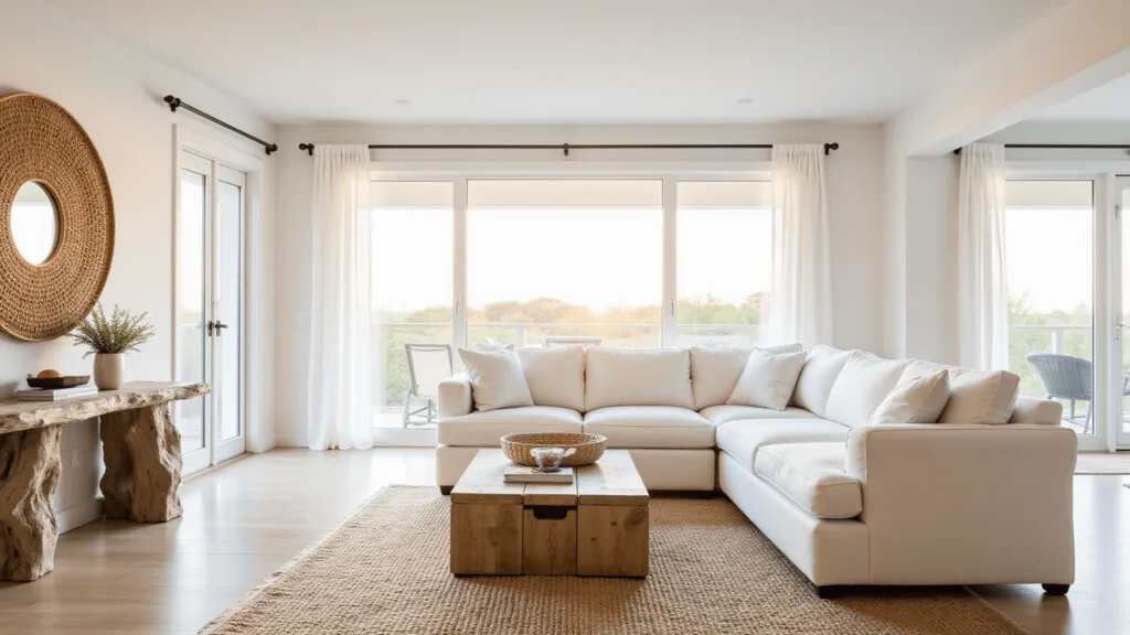 Coastal living room with white linen sofa, rattan mirror and driftwood console bathed in golden hour sunlight through floor-to-ceiling windows.