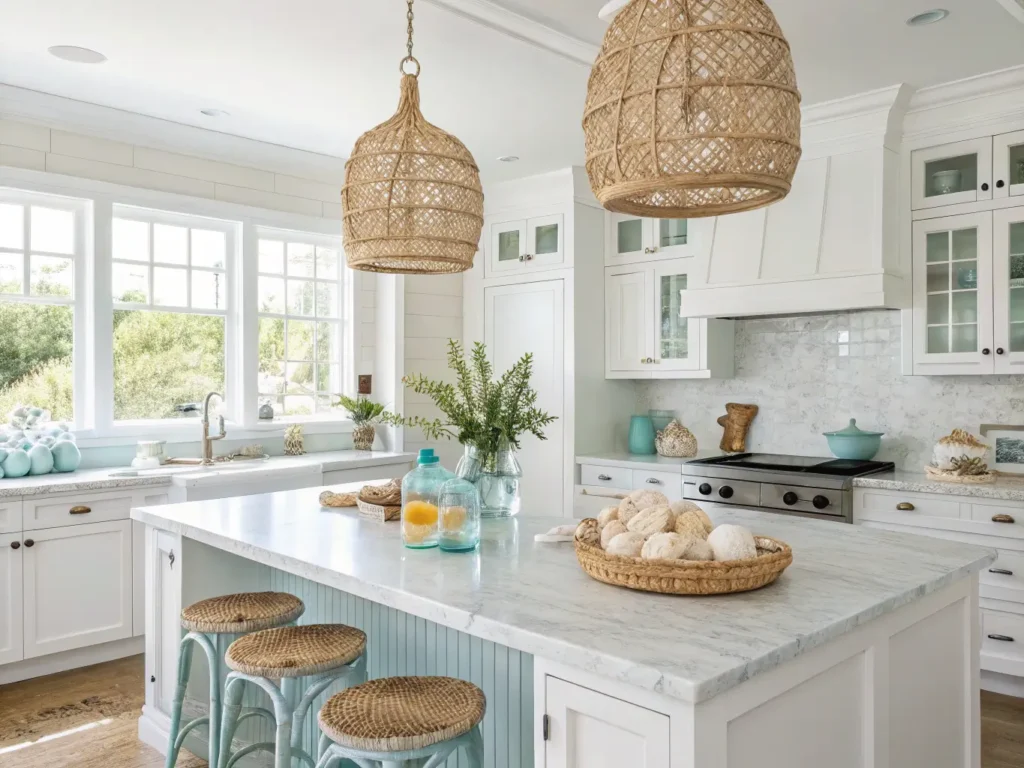 "Sunlit coastal kitchen with white shaker cabinets, rattan pendant lights, marble island decorated with seashells, and beachwood accents"