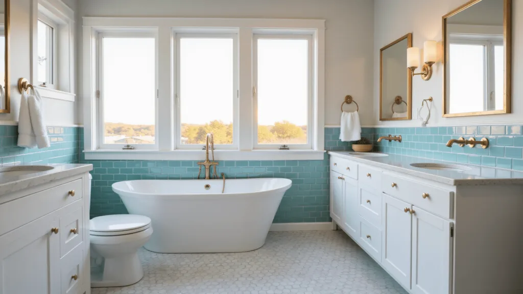 "Modern coastal bathroom with freestanding tub, sea-blue tiles, brass fixtures, and marble hexagon floors during golden hour"