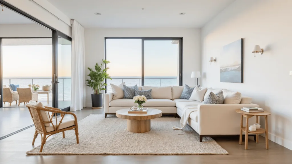 "Coastal modern living room featuring cream linen sofa, rattan chairs, shades of soft whites and muted blues, and natural textures basking in golden hour light, reflecting a minimalist aesthetic on a clean background."