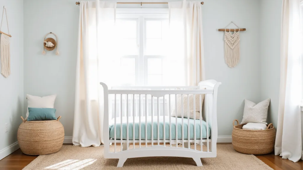 "Coastal nursery interior with white crib, seafoam bedding, natural woven baskets, and shell mobile in soft morning light"