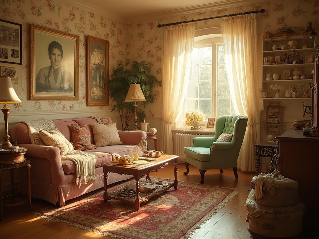 "Victorian-style living room with rose velvet sofa, antique decor, floral wallpaper, and family photos during golden hour."