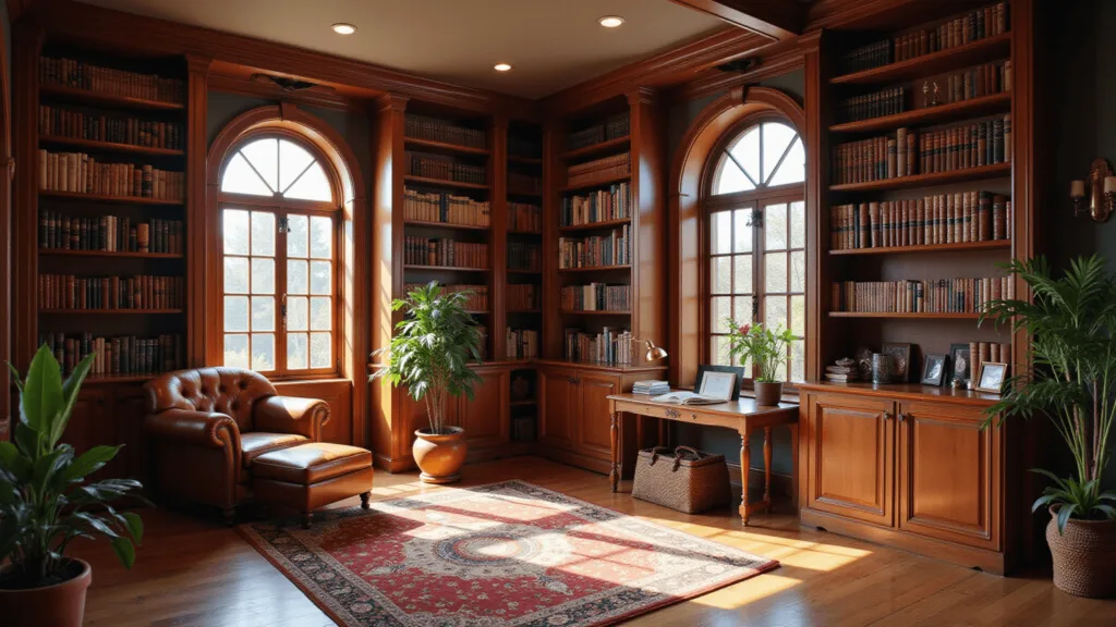 "Sunlit traditional home library with mahogany bookshelves, leather armchair, Persian rug, and arched windows"